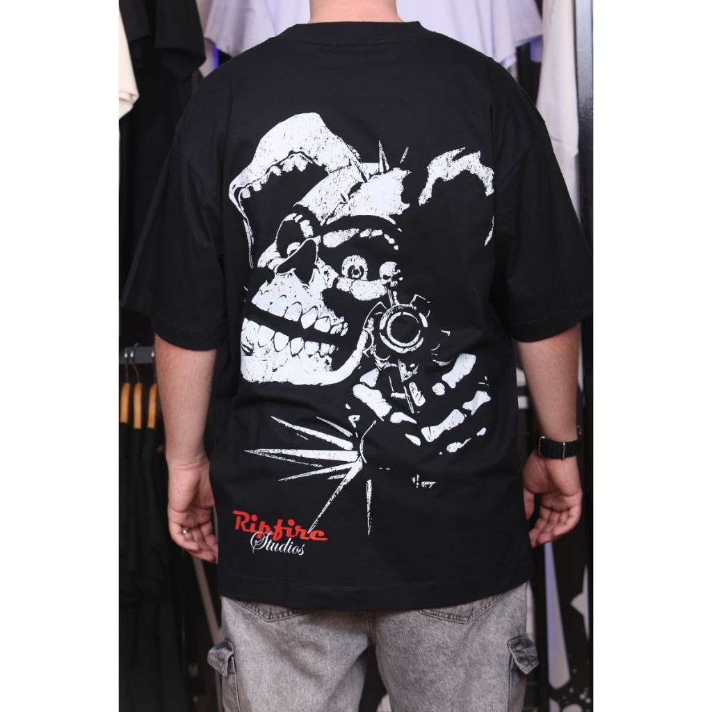Camiseta Masculina Oversized Streetwear Gola Alta Ripfire Skull Algodão 30.1 Preto basica