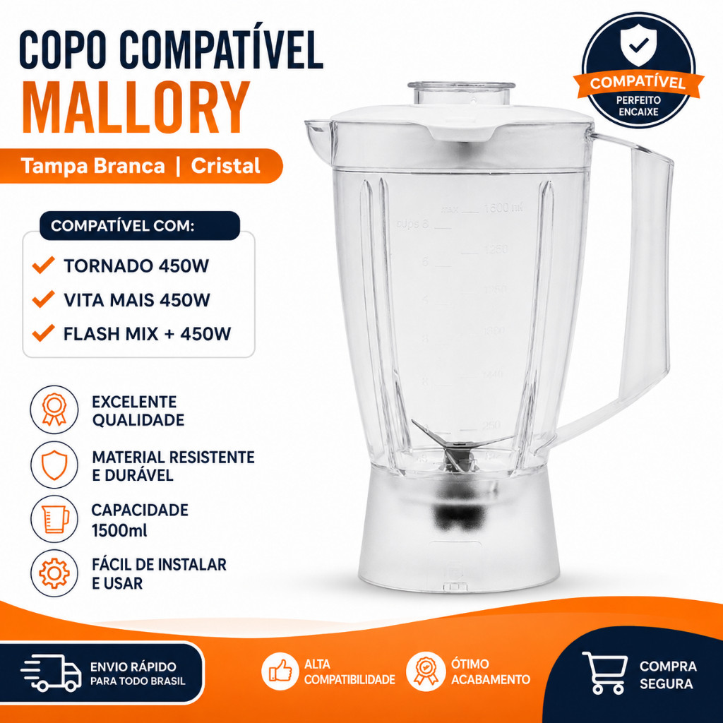 Copo Liquidificador Mallory Tornado + 450w Vita Mais Flash Mix Optima | Jarra Compatível Alta Qualidade Envio Rápido