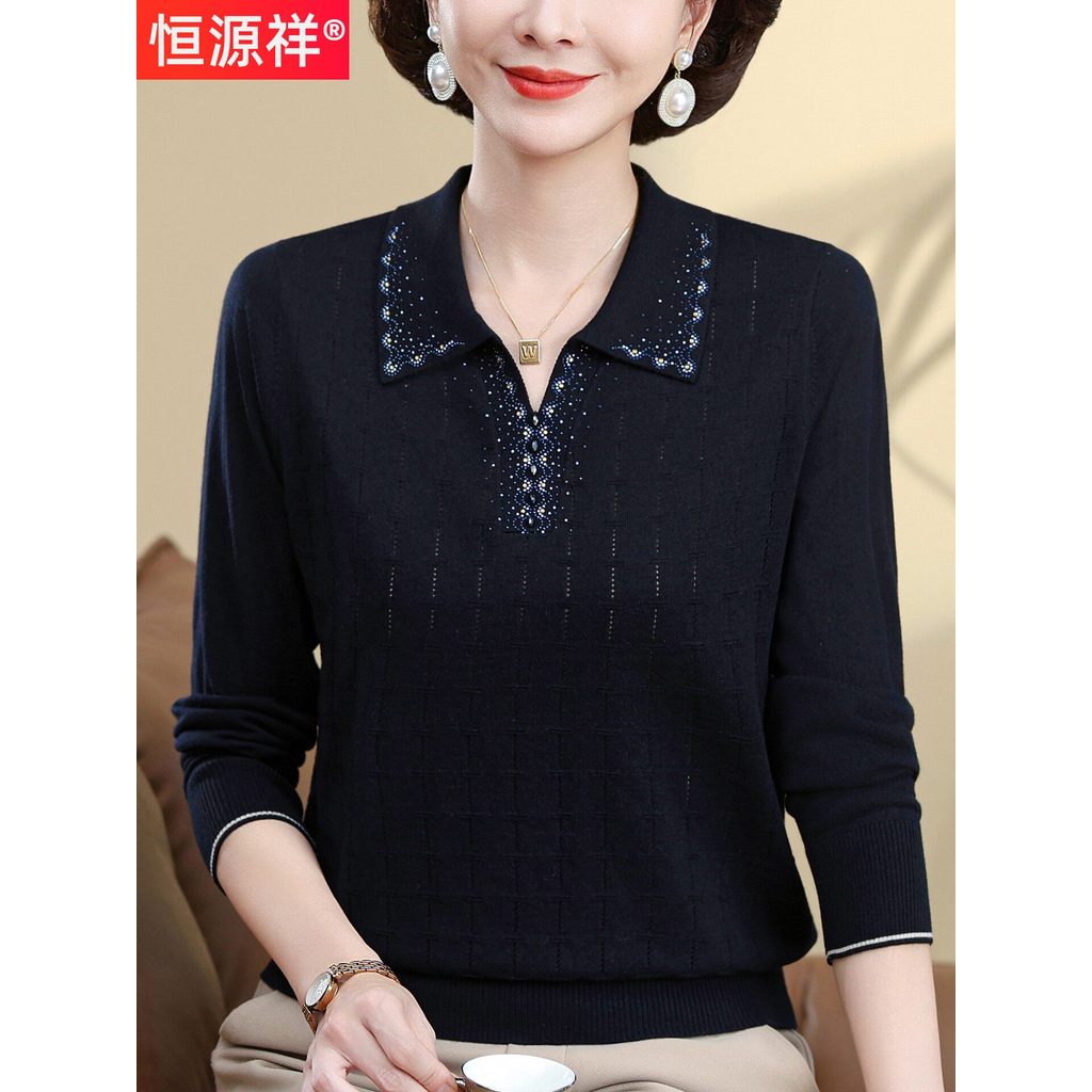 Hengyuanxiang mãe usar primavera outono lapela camisola topo de meia-idade mulheres idosas estilo ocidental redução de i