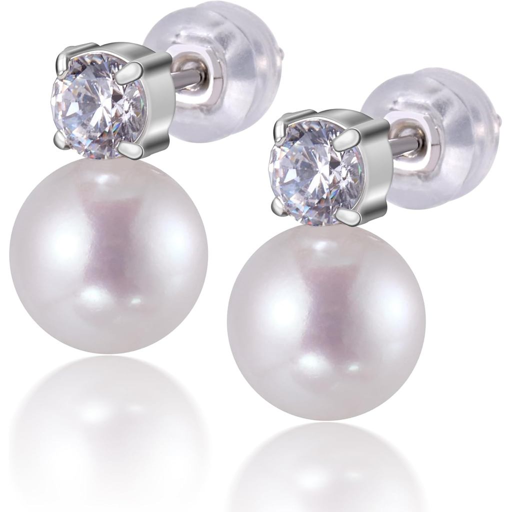 Brincos de Pérola, Brincos de Pérola para Mulheres, Brincos Delicados de Aço Titânio com Diamante CZ, Brincos Modernos H