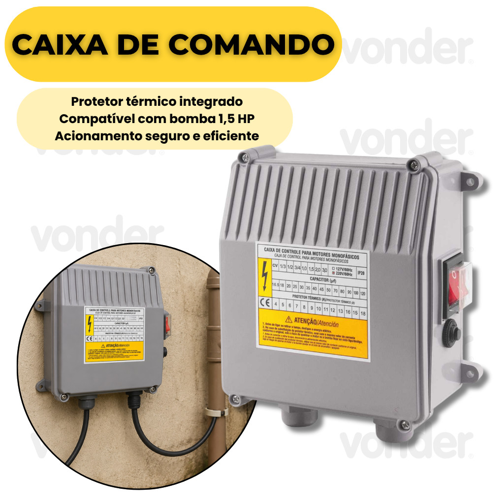 Caixa De Comando Para Bomba Submersa Caneta 3 Pol 1,5hp 220v Com Protetor Térmico Vonder 220