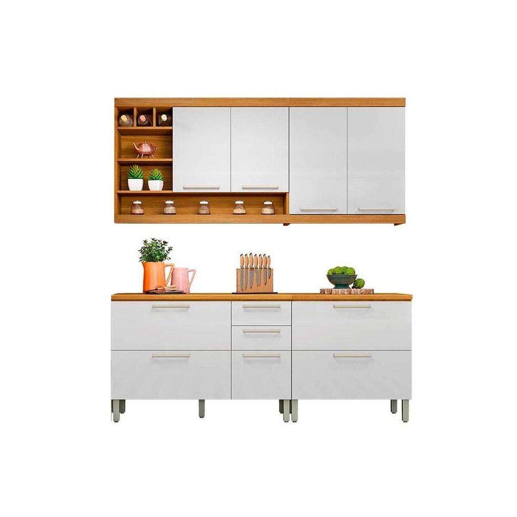 Cozinha Completa Burguesa Premium 4 Peças (2Aéreos+2Balcões) C4P16 Freijó/Branco - Nesher