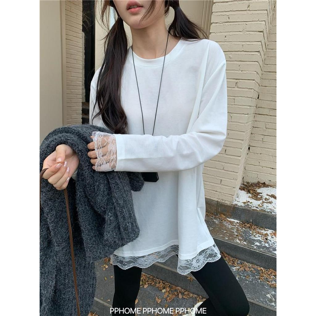 PPHOME Caseiro ~ Renda Bottoming T Outono Inverno Branco Camiseta de Manga Comprida Costura de Renda Escovada Top de Cam
