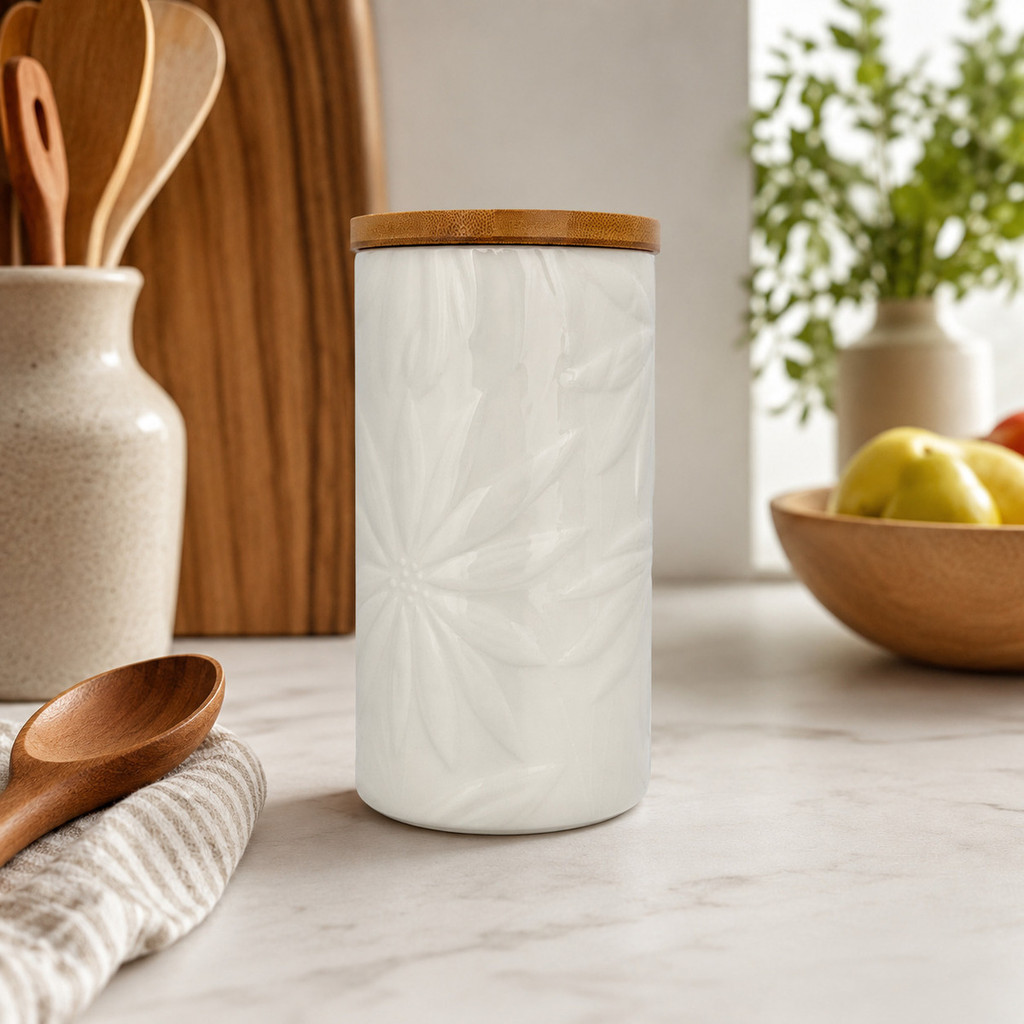 Pote Potiche Branco Floral Hermético Cerâmica Bambu Grande