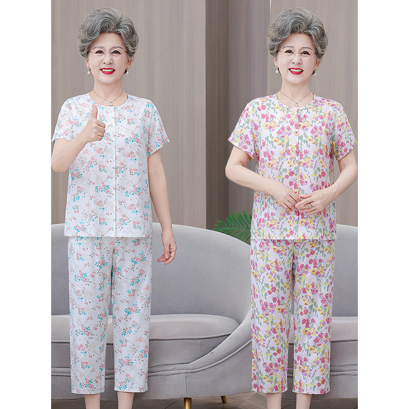 Mãe idosa de meia-idade terno de verão algodão seda respirável Cardigan calças cortadas pijamas feminino avó roupas flor