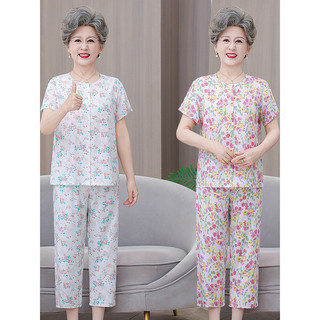 Mãe idosa de meia-idade terno de verão algodão seda respirável Cardigan calças cortadas pijamas feminino avó roupas flor