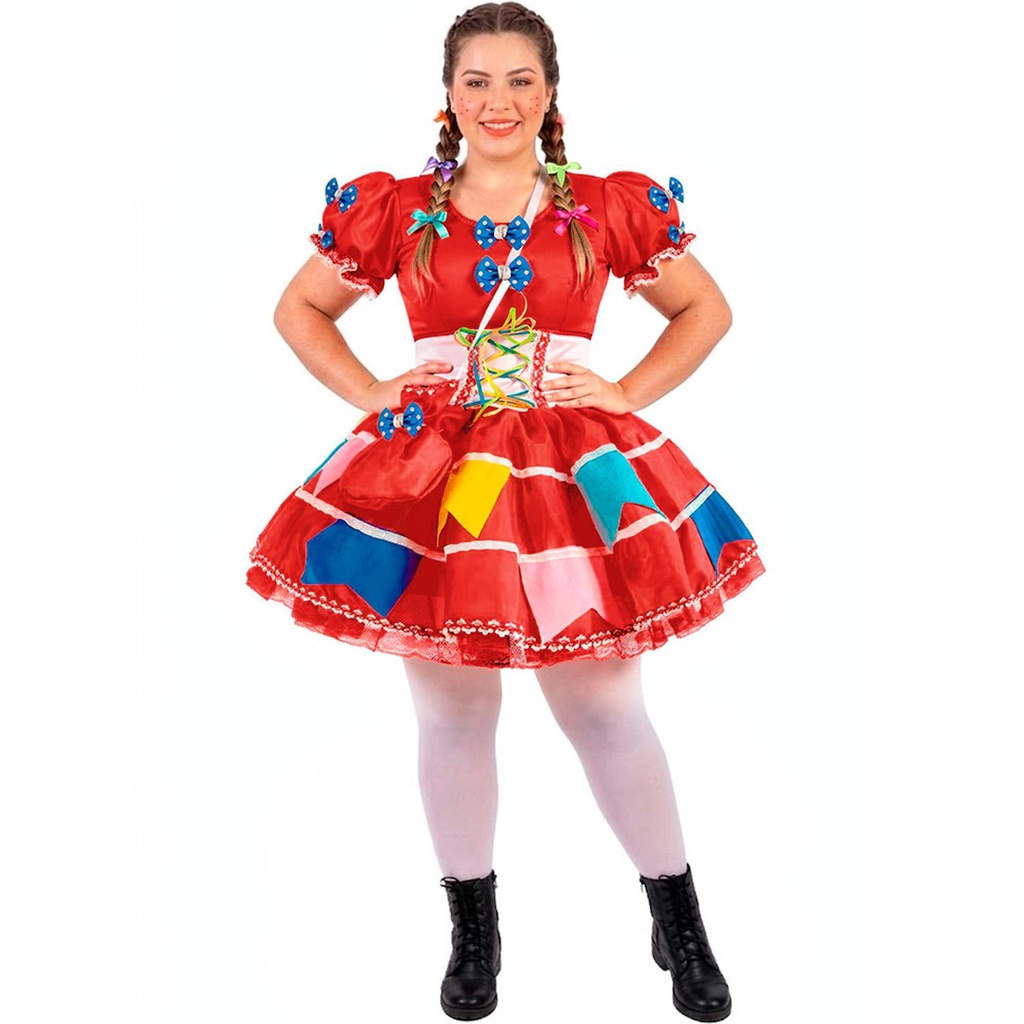 Vestido Festa Junina Adulta Feminina Plus Size de Luxo Com Saia Rodada e Espartilho Afina Cintura