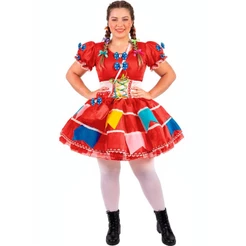 Vestido Festa Junina Adulta Feminina Plus Size de Luxo Com Saia Rodada e Espartilho Afina Cintura
