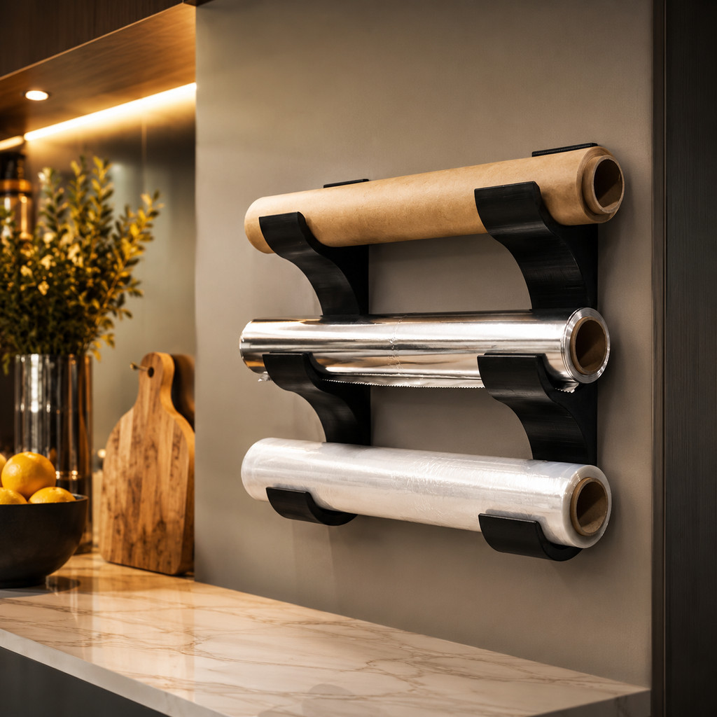 Suporte Organizador para Papel Filme Alumínio e Papel Toalha de Parede sem Furo Porta Rolos Cozinha