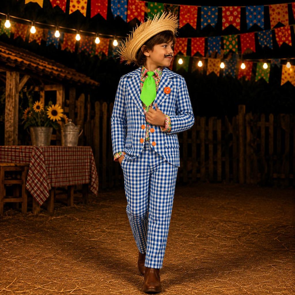 Roupa Infantil Masculina Festa Junina Jeca Tatu Conjunto Completo Laranja
