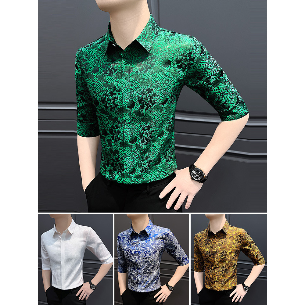 Camisa masculina de manga três quartos estampada High-End sentido rufião bonito 2026 novo estilo verão seda gelo estilo 