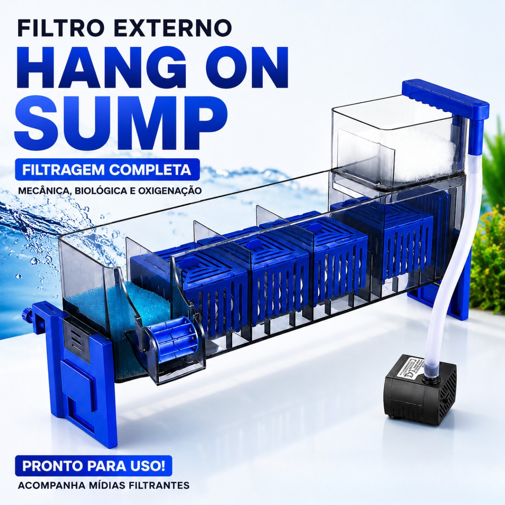 Filtro Externo Sump Completo para Aquário com Bomba e Midias Linha Premium Hang On 110V e 220V