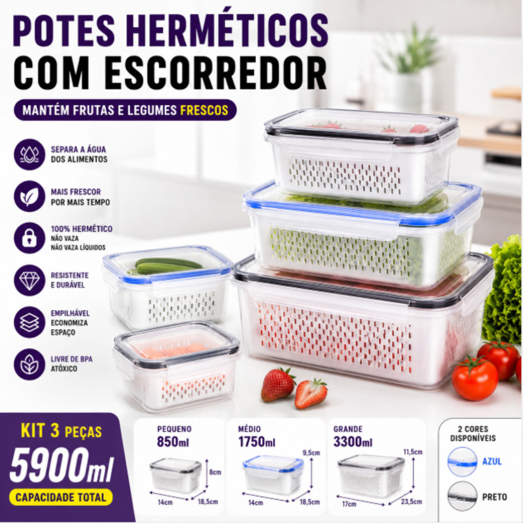 Kit 3 Potes Herméticos Organizador de Geladeira com Cesto Drenante para Frutas e Legumes