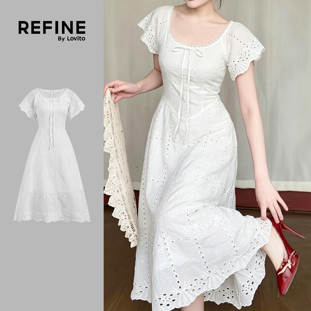 (New Arrival) (Refine by Lovito) Vestido Elegante de Linho Primavera/verão para mulheres Bordado LR41L073