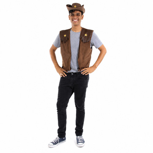 Fantasia Cowboy Adulto Festa Junina Kit Colete Com Estrela E Chapéu
