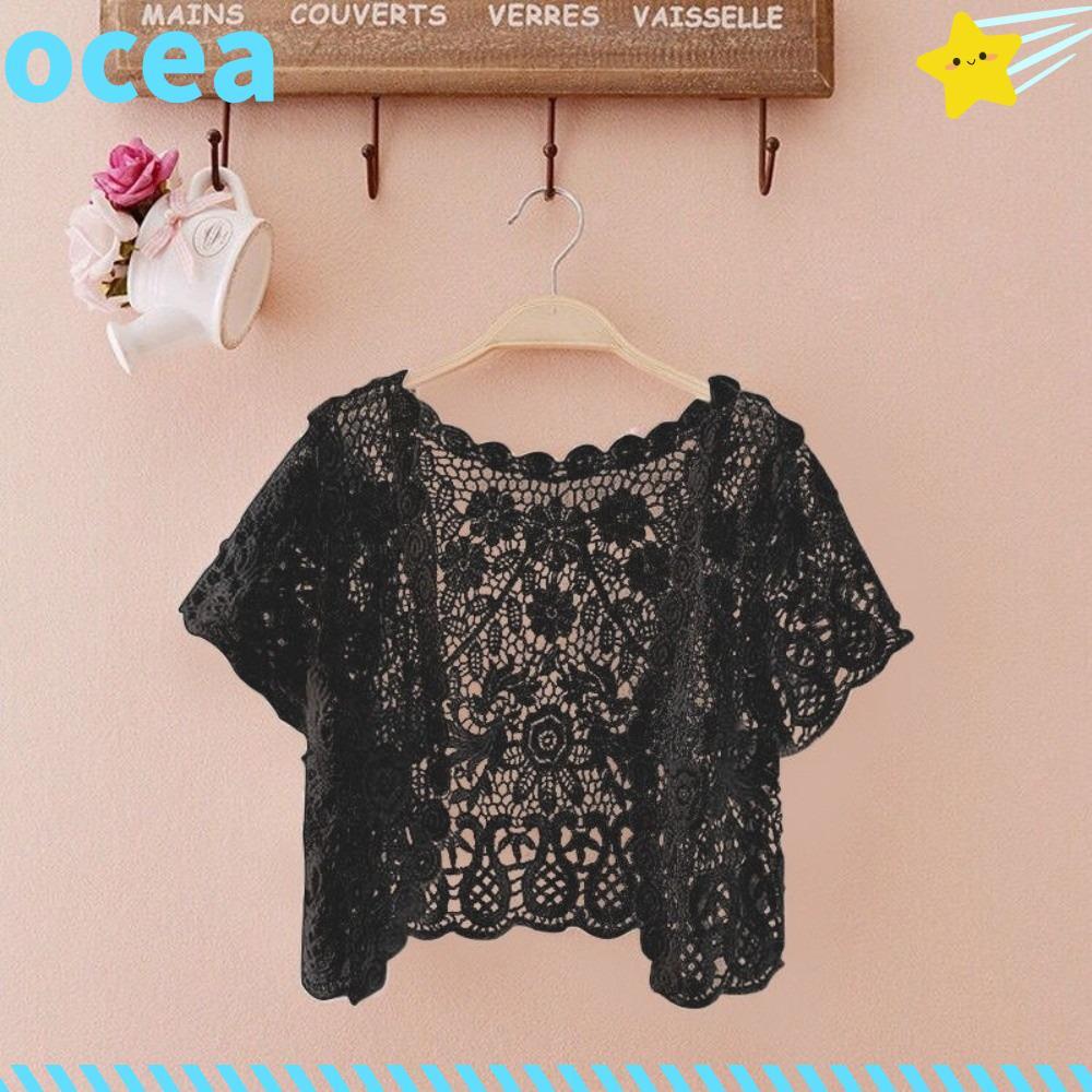 OCEA Jaqueta De Verão Nupcial , Capa De Renda Preta/Branca De Manga Curta , Colete De Malha Estilo Colheita Com Estampa