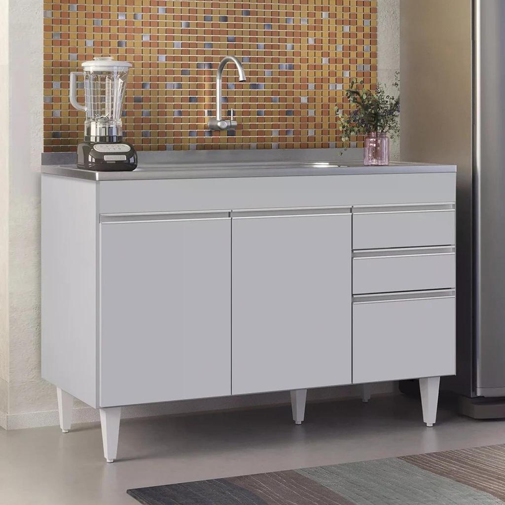 Balcão de Cozinha com Pia Inox 120cm 3 Portas Michigan Cinza Claro - Lumil
