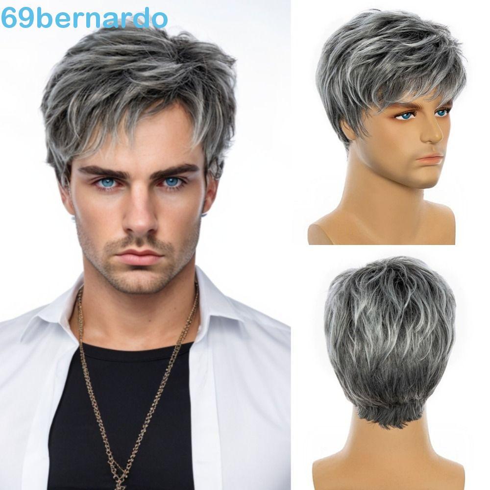 BERNARDO Moda Masculina Cabelo Curto , Perucas Sintéticas Masculinas Naturais Cinza E Branco , Peruca Curta Reta Realist