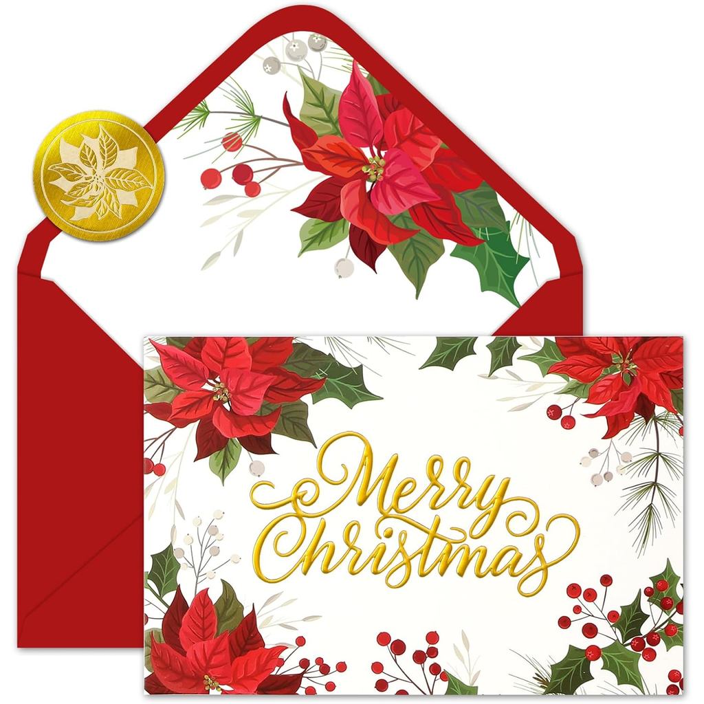 Whaline 24 Pack Merry Christmas Greeting Cards Red Poinsettia Floral Blank Note Cards with Envelopes Matching Seal Stick