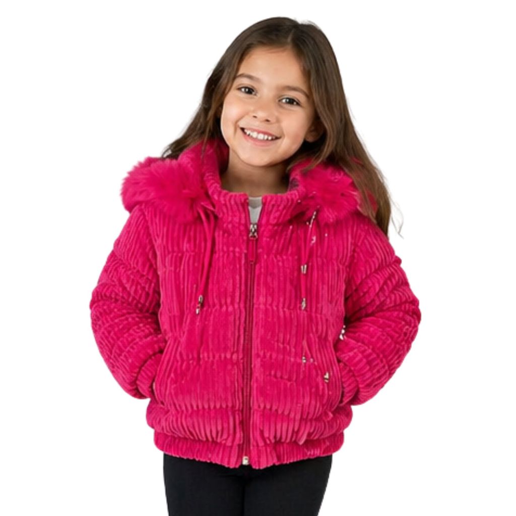 Jaqueta Infantil Puffer Cropped Veludo Cotelê com Capuz e Forro Peluciado