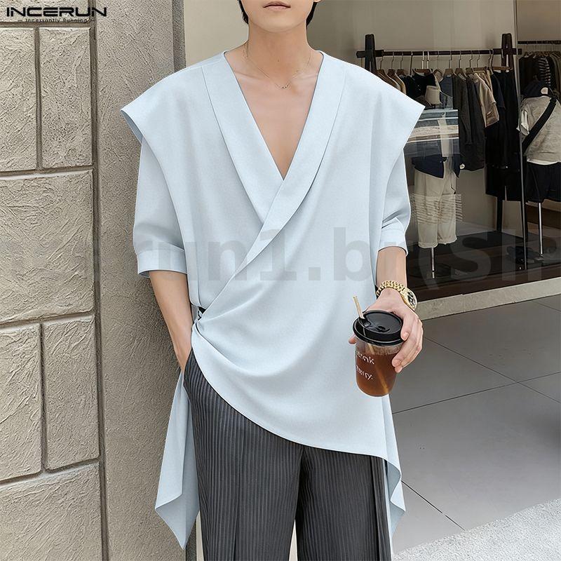 INCERUN Camisa Masculina Coreana Com Design De Moda Decote Em V Profundo Assimetria Bainha Solta Sólida Manga 3/4