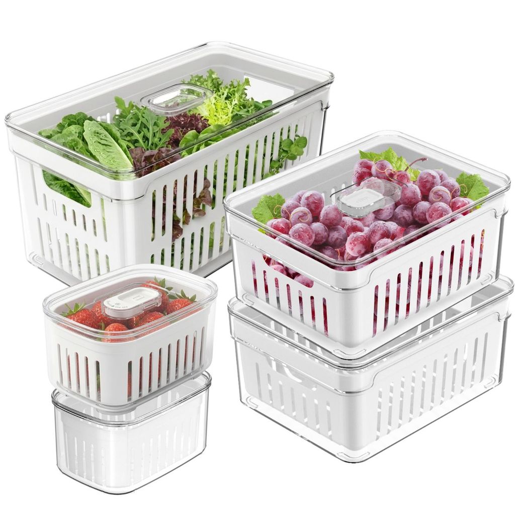 Kit 5 Organizadores Clear Fresh Geladeira Frutas Verduras Cesto Interno Empilhável Armário Alimentos