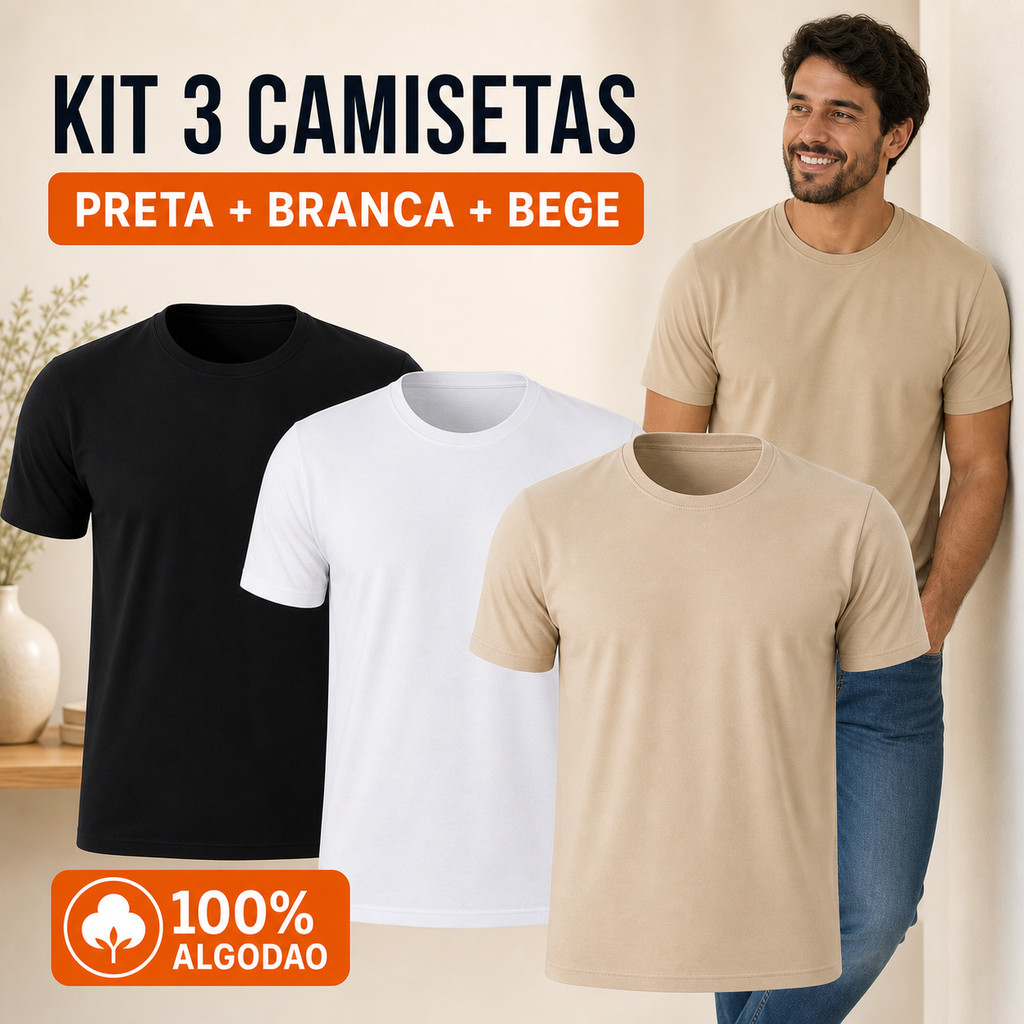 Kit 3 Camisetas Masculinas Lisas 100% Algodão Gola Redonda Manga Curta Básica Sem Estampa Branca Preta Bege