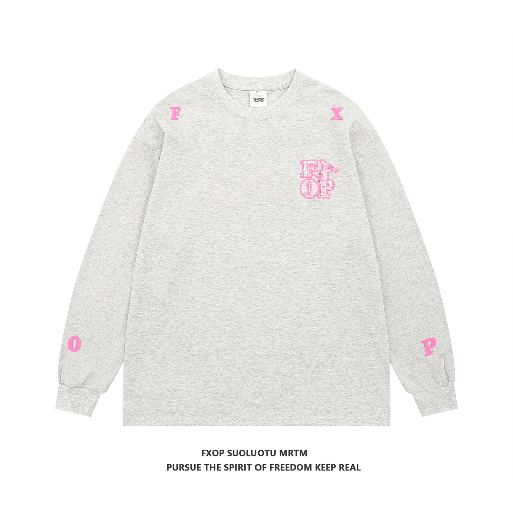 FXOP Americano Retro Bordado Puro Algodão Manga Comprida Camiseta Masculina Street Wear 2026 Primavera Outono Solto Esti