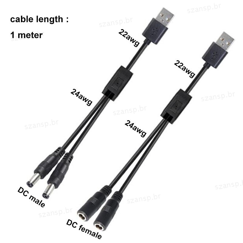 1m USB 2.0 Macho Para 2 Vias DC Fêmea Divisor Cabo 22awg 3A plug 5.5x2.5mm De Alimentação Adaptador Conector Tira BRA1
