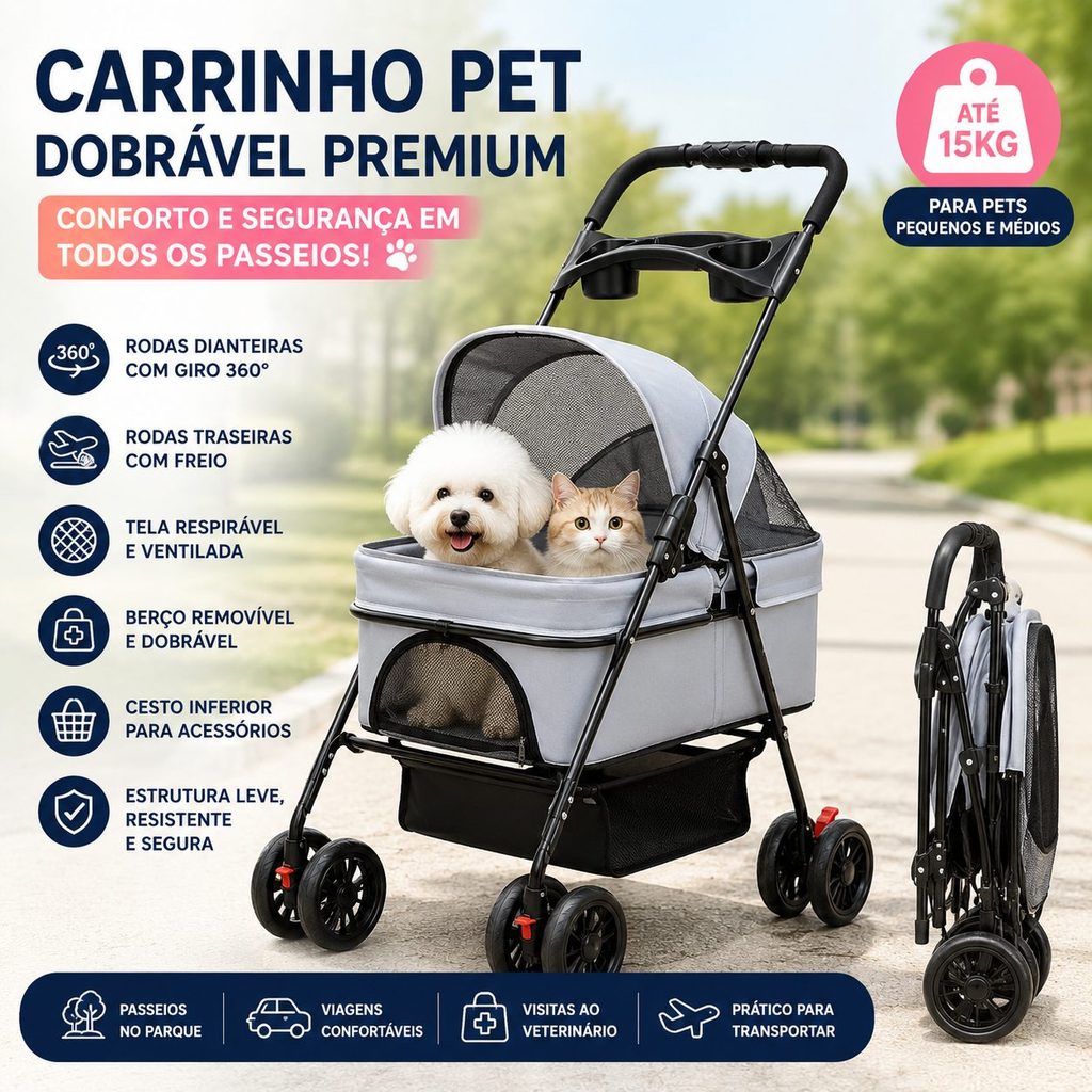 Carrinho Pet Dobrável Premium para Cães e Gatos | Passeio Confortável com Berço Removível e Rodas 360°