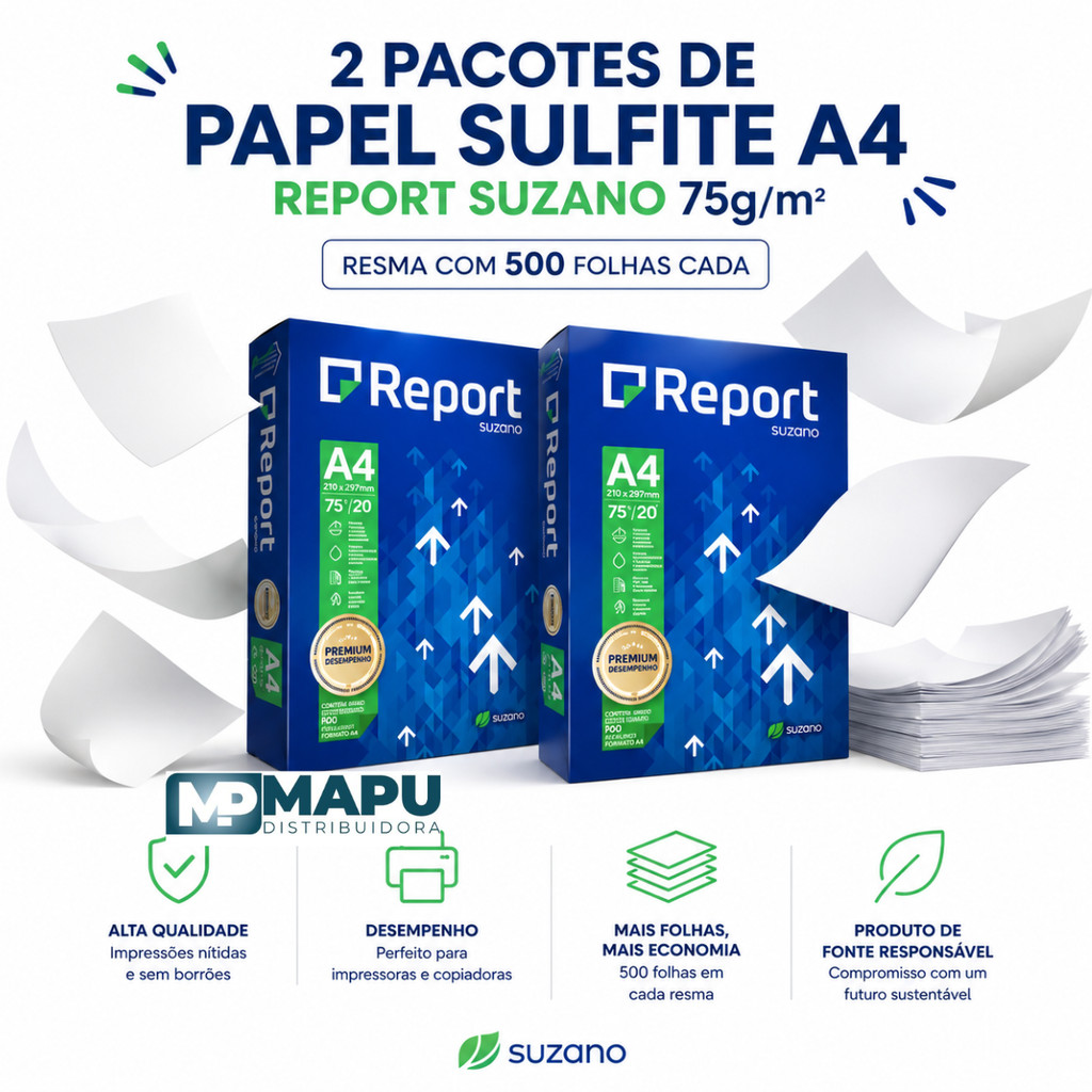 2 pacotes de Papel Sulfite A4 Report Suzano 75g/m² – Resma com 500 Folhas cada