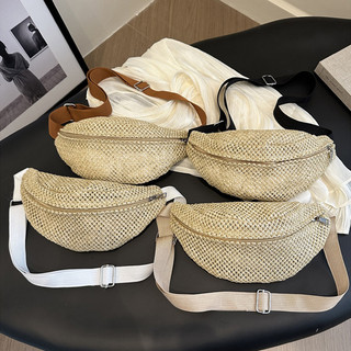 Bolsa De Cintura Preta De Verão , Transversal Diagonal Elegante E Casual Peito Minimalista De Ombro Único Palha Tecida