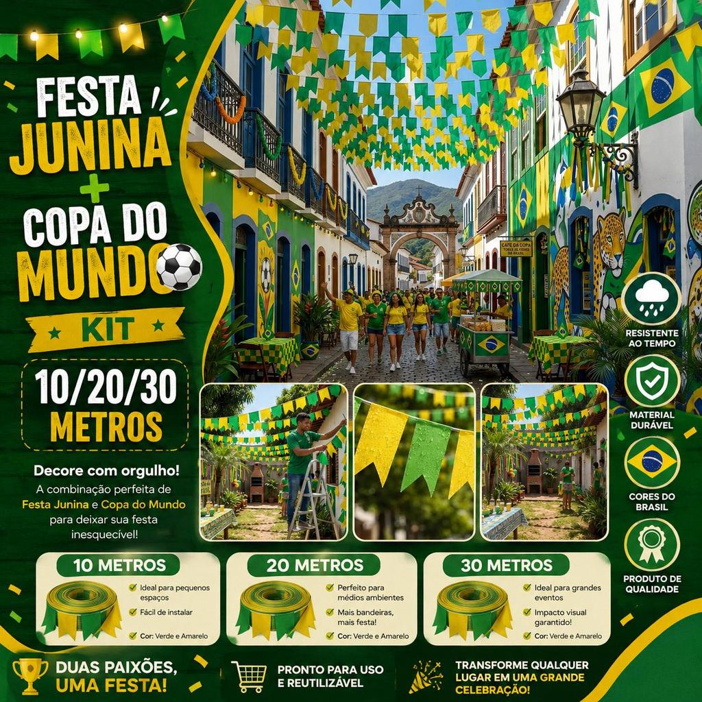 Kit Bandeirinhas Do Brasil Festa Junina Plástico 10m Decoração Copa Do Mundo Bandeirola Plástico
