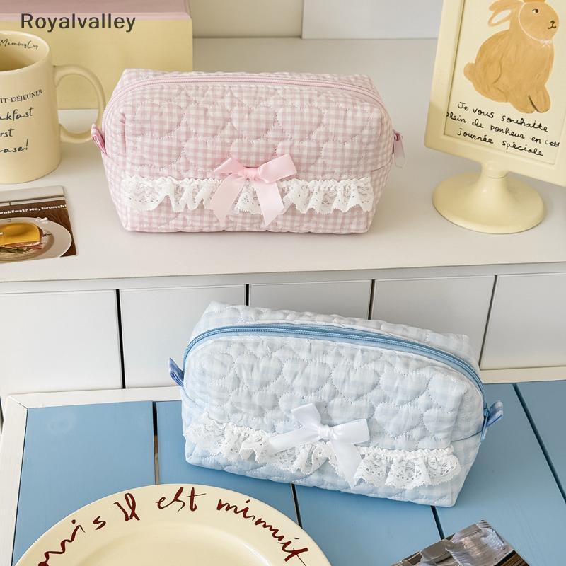 [Royalvalley] Estojo De Lápis De Renda Alegre Rosa E Azul Design Acolchoado Fofo Organizador De Papelaria De Grande Capa