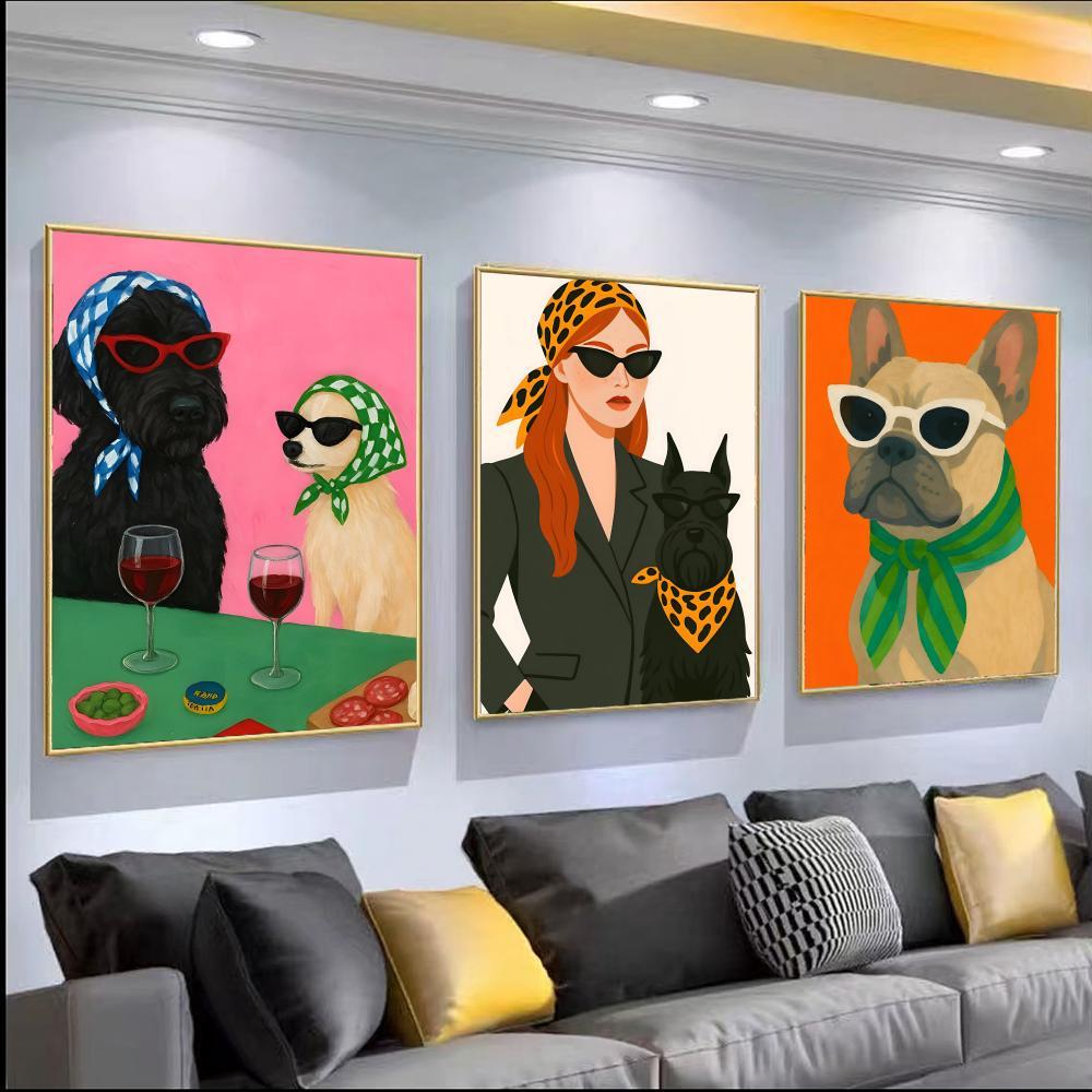 Animais Carregando Cachecóis Cartaz Bonito Engraçado Dos Desenhos Animados Gato Cão Fotos De Parede Retro Pintura Em Tel
