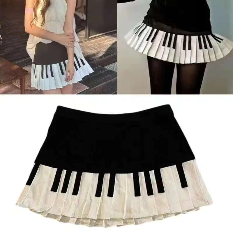 Saia Feminina Vintage Retrô Preta E Branca Com Design De Piano – Combinação Perfeita Para Quatro Estações — imagem 1