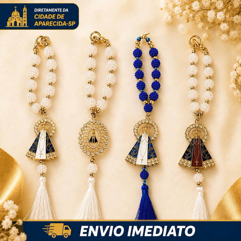 Terço Nossa Senhora Aparecida Luxo Retrovisor Carro Pingente Católico Azul