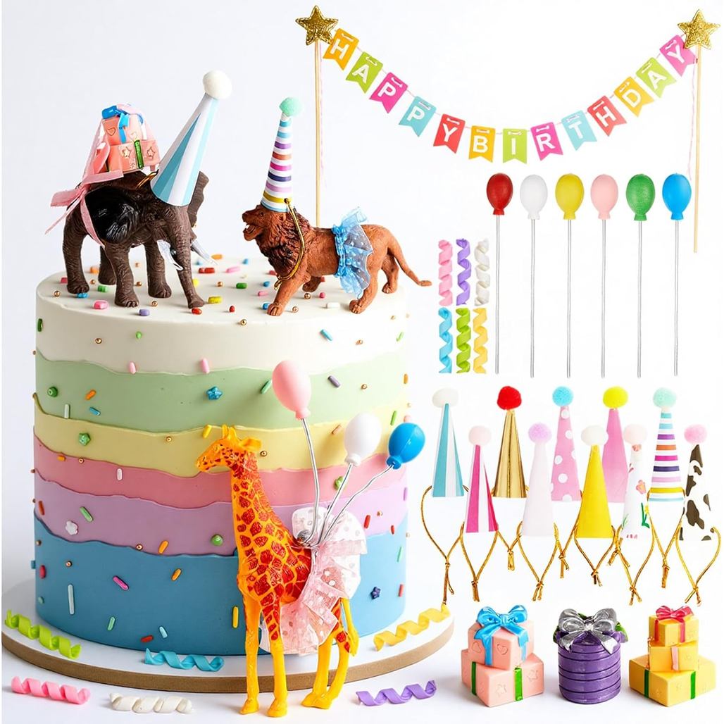 39 Peças de Decorações de Bolo com Animais de Safari, Figuras de Animais da Selva com Chapéus e Mini Balões para Festa d