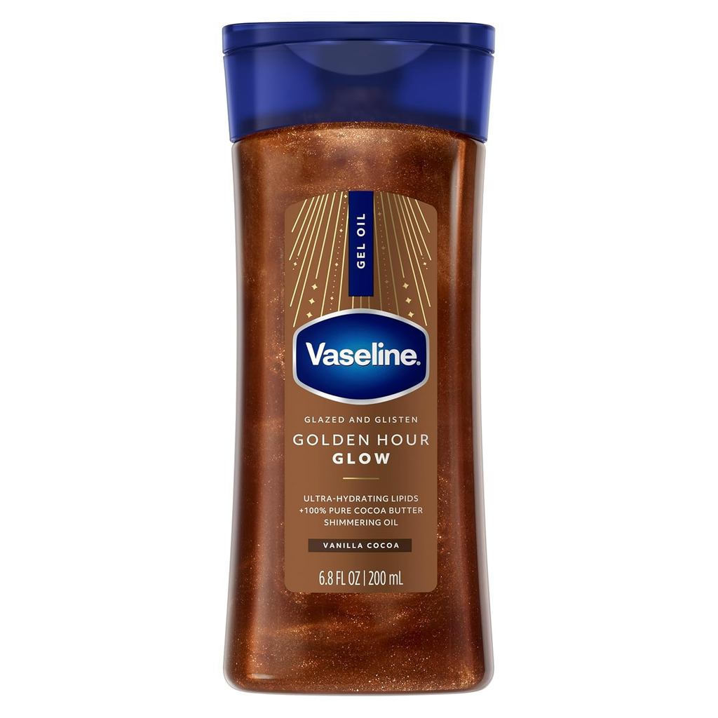 Óleo Corporal em Gel Vaseline Glossy Golden, Cor Baunilha Cacau, Contém Lipididade Ultra Hidratante e 100% Manteiga de C