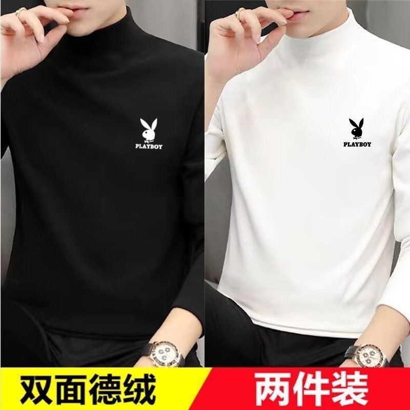 Playboy outono inverno 100% meia gola alta de manga comprida camiseta masculina forro de lã camisa de fundo dupla face a