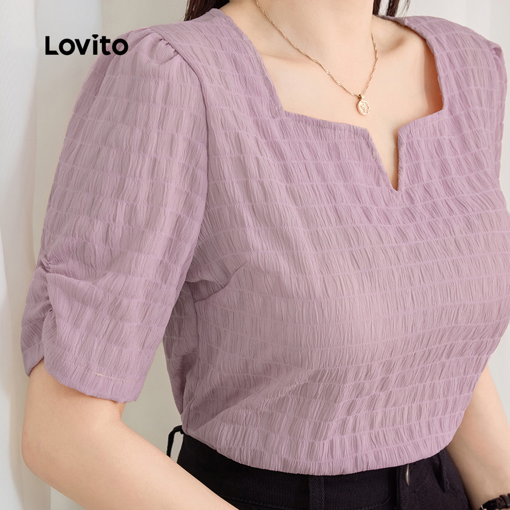 Lovito Blusa Elegante com Pregas Simples para Deslocamentos Primavera/verão Blusa Roxa para Mulheres L143ED084