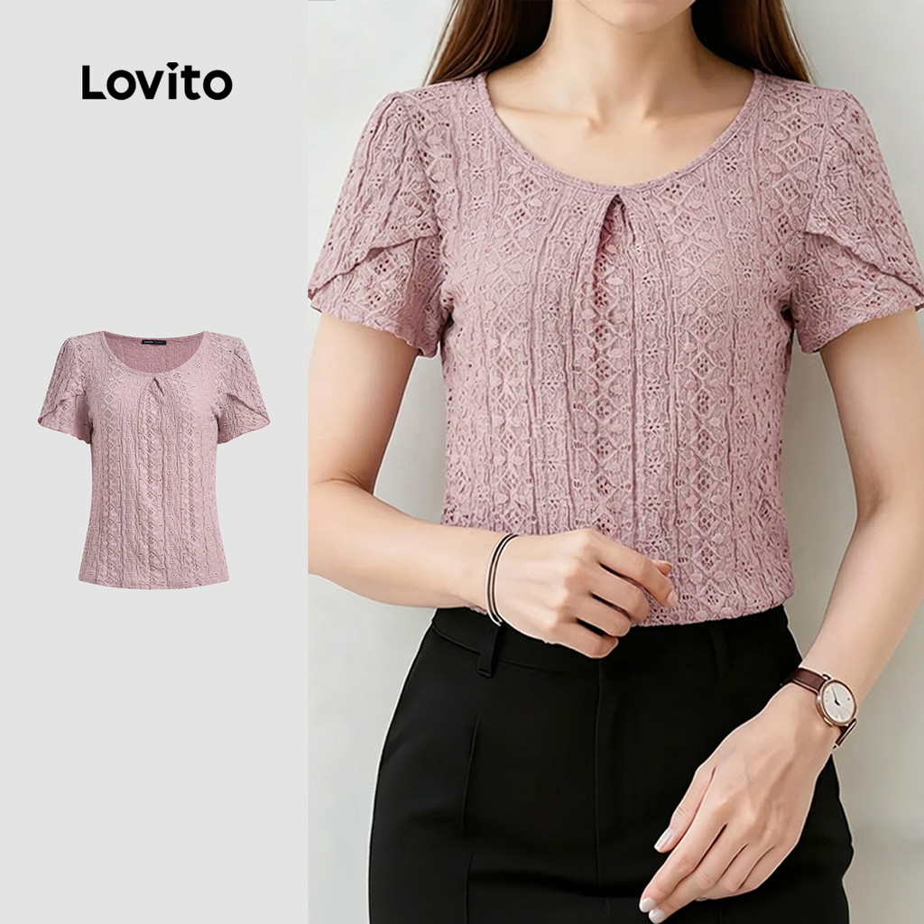 Lovito Blusa Casual Plissada Babados Primavera/verão Rosa Blusa Feminina LK6ED01