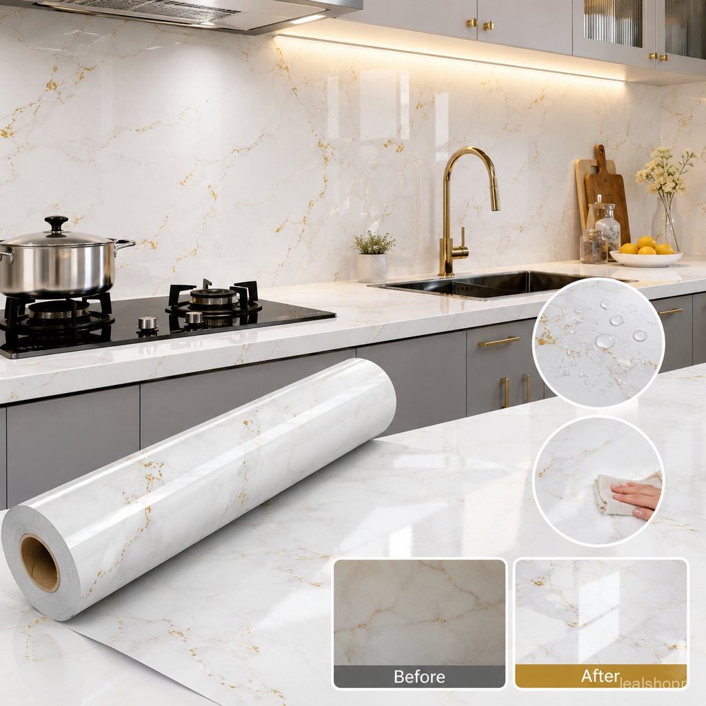 2 Pcs Papel Contact Mármore Branco Autoadesivo para Cozinha Antigordura Impermeável Parede Pia Fogão