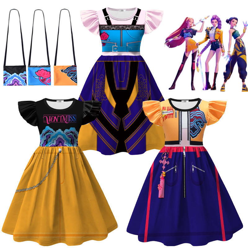 Fantasia de Caçadores de Demônios K-Pop para Crianças, Vestido de Cantora Rumi Mira Zoey, Bolsa, Festa de Halloween, Car