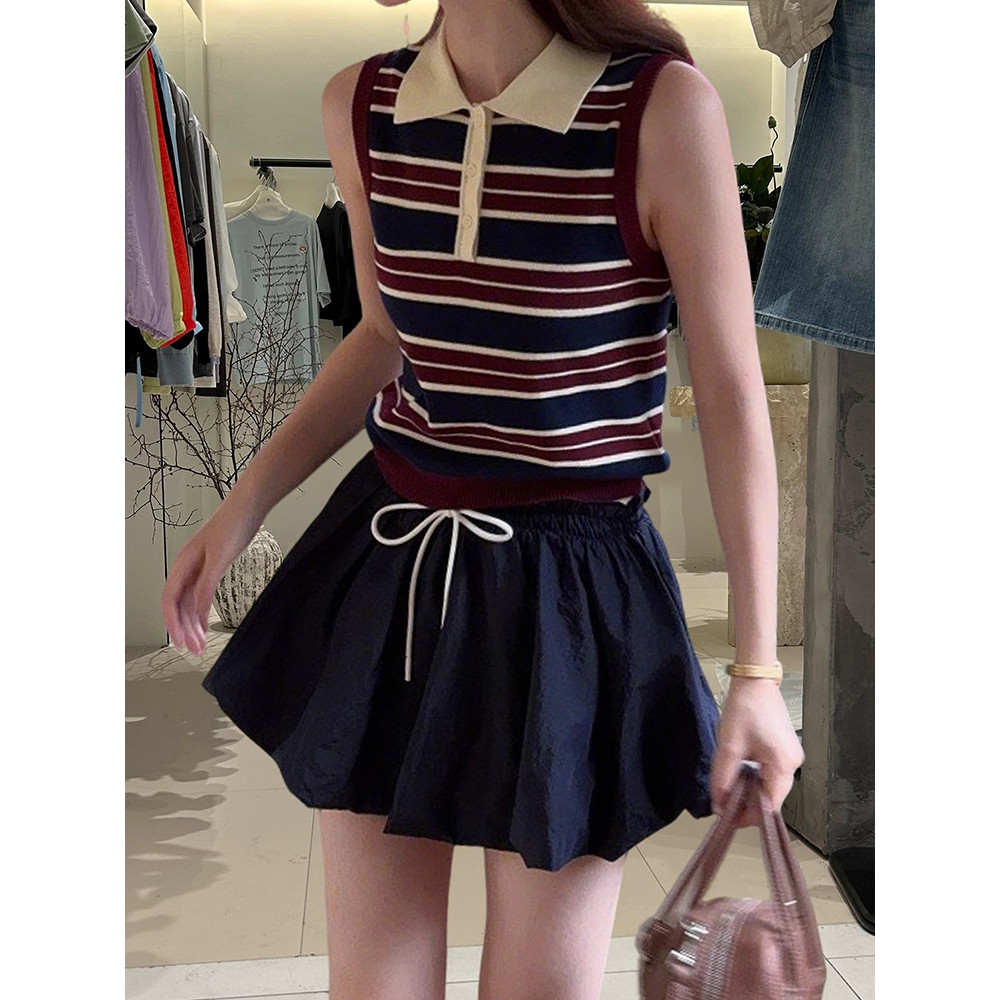 Verão novo estilo americano Retro contraste cor listrado gola polo malhas feminino fino-ajuste colete All-match sem mang