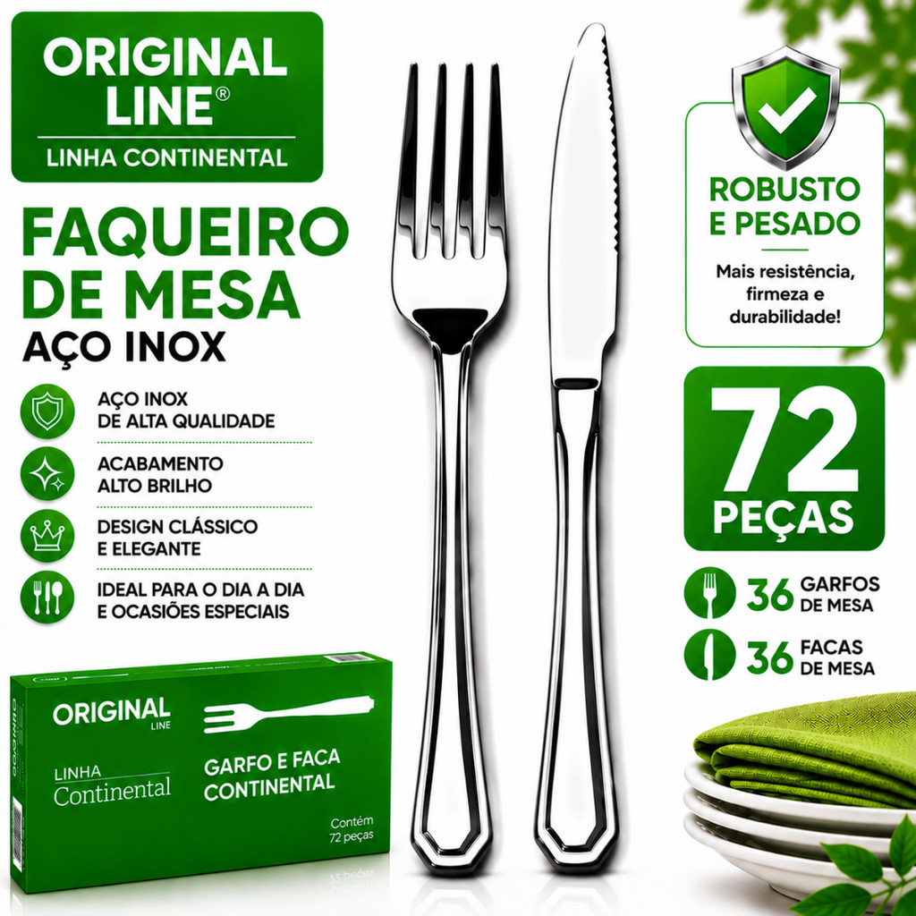 Faqueiro Original Line 36 48 72 Peças Aço Inox Linha Continental Premium Talheres Robustos e Elegantes