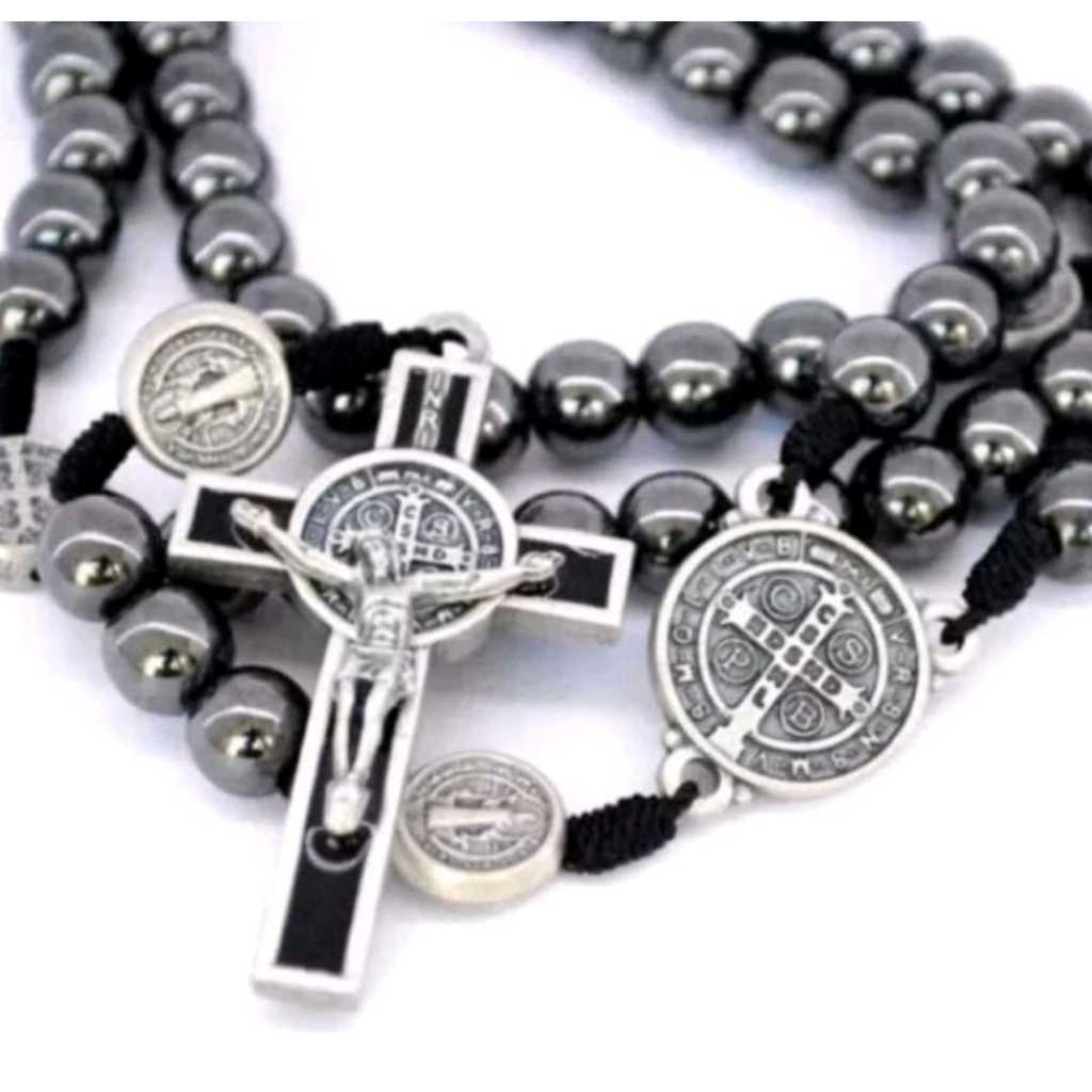 Colar Terço Masculino Hematita São Bento Com Crucifixo