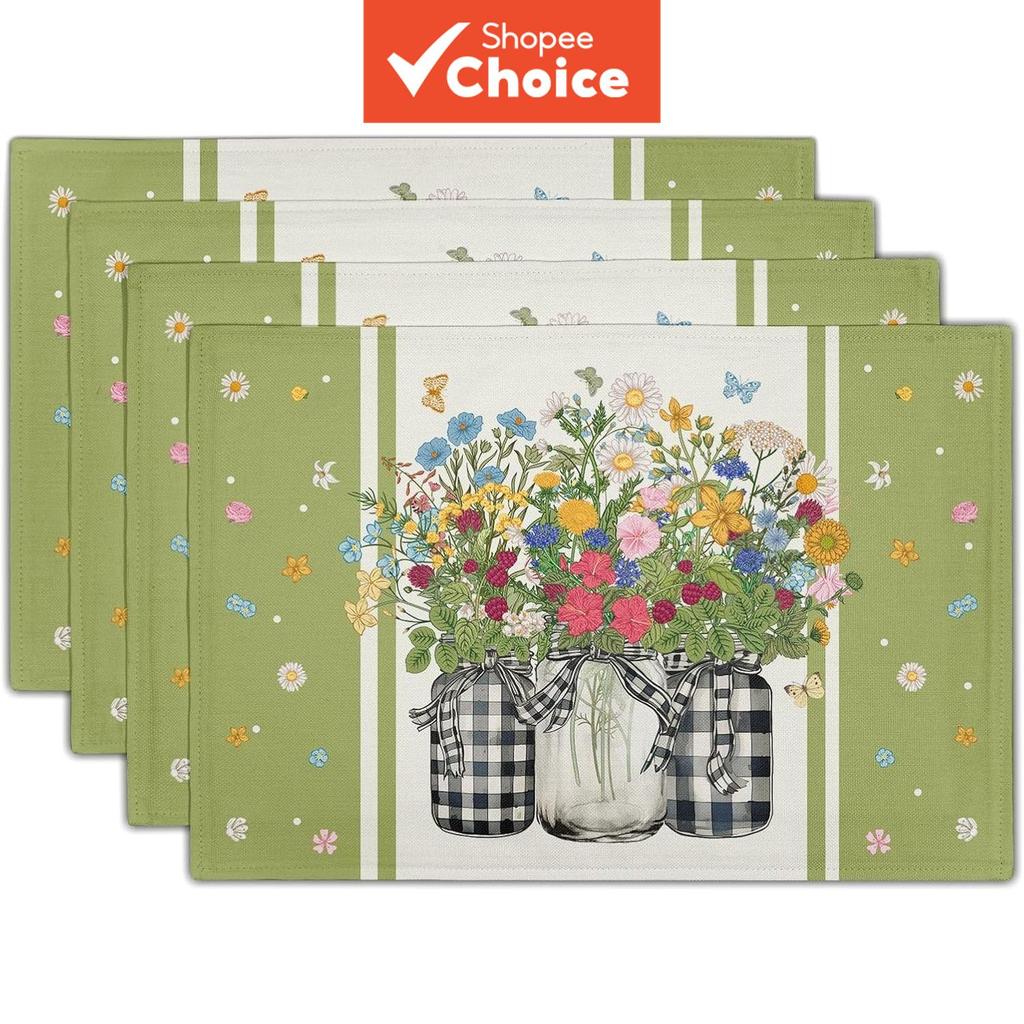 Jogo Americano De Frasco De Pedreiro De Flores Silvestres De Primavera-Conjunto De 4 Florais Rústicos De Fazenda Verde-T