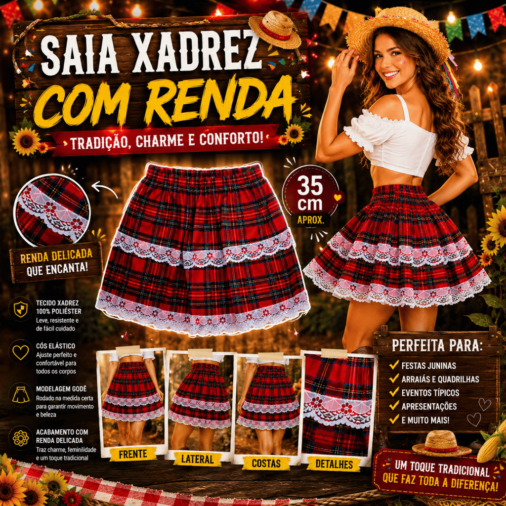 Saia Caipira Feminina Xadrez com Renda Branca Mini Rodada Festa Junina São João Country