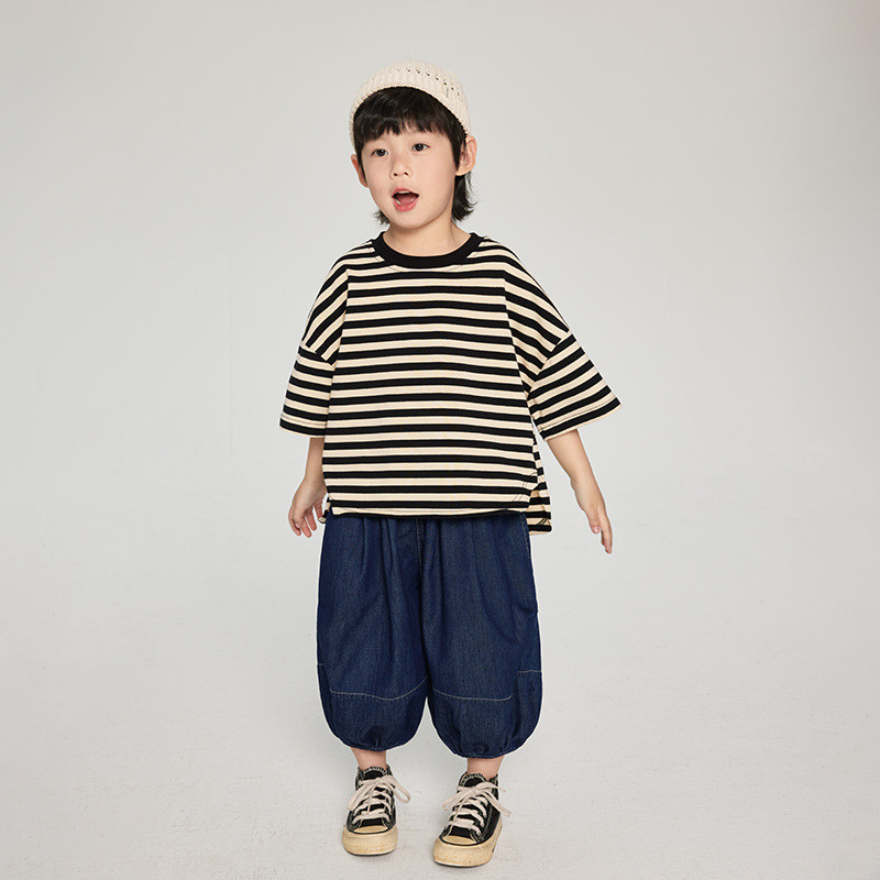 Verão versão coreana meninos listrado camiseta de manga curta médio pequenas crianças soltas finas meia manga crianças C